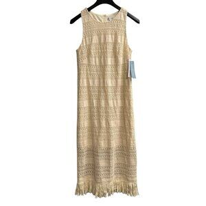 London Times Dress Womens 14 Ivory Crochet Fringe Midi Cottagecore Boho‎ Hippie